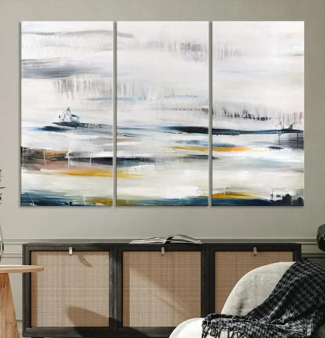 Above the wooden console, a three-panel "Soft Color of Abstract Canvas Print" adorns the dark wall with its museum-quality canvases enhanced by a UV-protective coating.