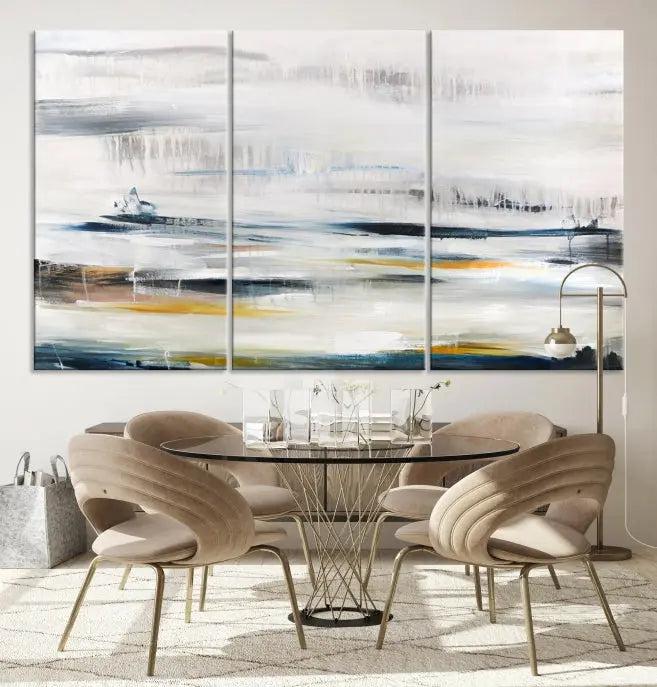 Above the wooden console, a three-panel "Soft Color of Abstract Canvas Print" adorns the dark wall with its museum-quality canvases enhanced by a UV-protective coating.