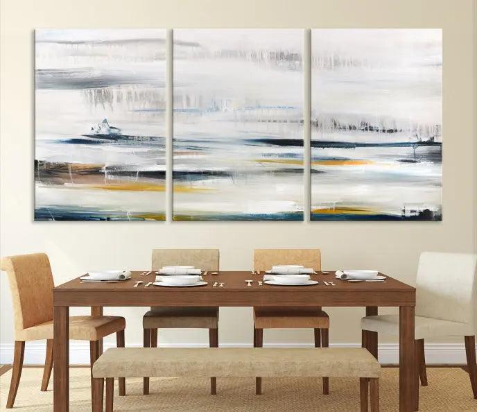 Above the wooden console, a three-panel "Soft Color of Abstract Canvas Print" adorns the dark wall with its museum-quality canvases enhanced by a UV-protective coating.