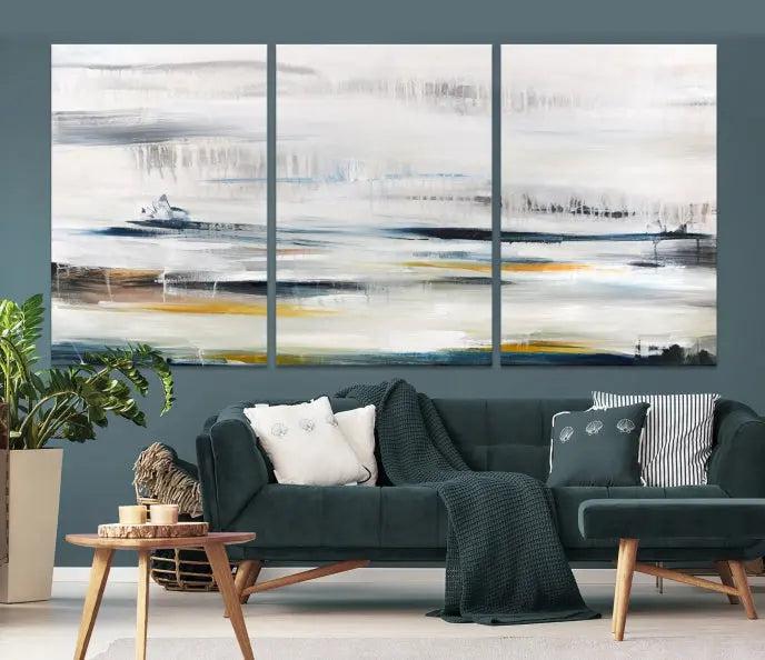 Above the wooden console, a three-panel "Soft Color of Abstract Canvas Print" adorns the dark wall with its museum-quality canvases enhanced by a UV-protective coating.