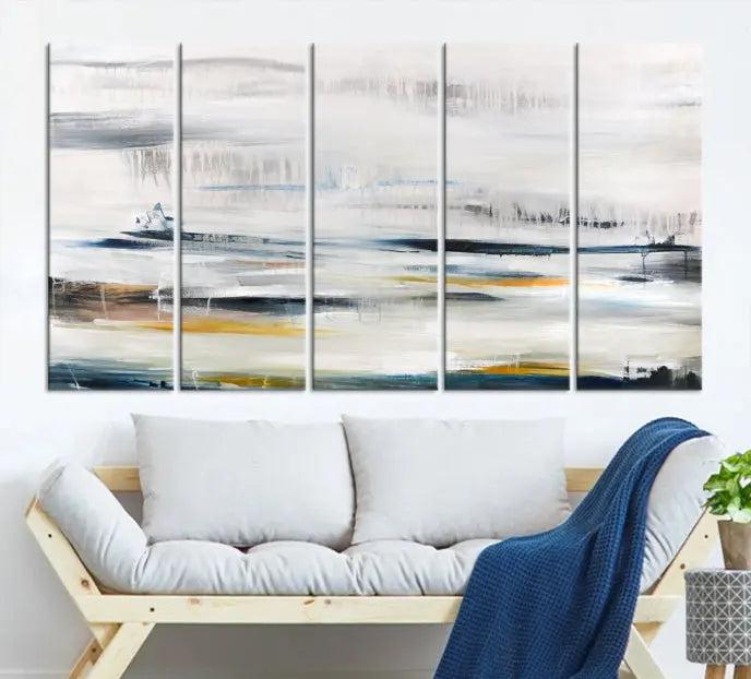 Above the wooden console, a three-panel "Soft Color of Abstract Canvas Print" adorns the dark wall with its museum-quality canvases enhanced by a UV-protective coating.