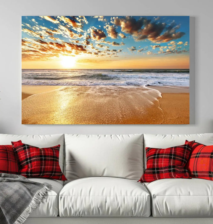 The "Soothing Sunset on Calm Beach" artwork comes on museum-quality canvas featuring a gallery-wrapped finish and UV-protective coating.