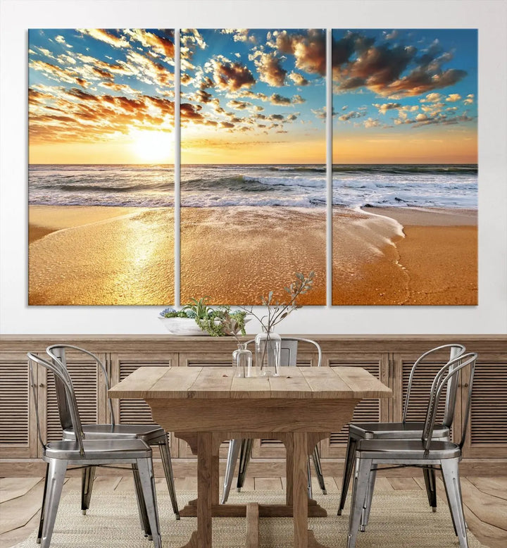 The "Soothing Sunset on Calm Beach" artwork comes on museum-quality canvas featuring a gallery-wrapped finish and UV-protective coating.