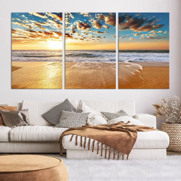 The "Soothing Sunset on Calm Beach" artwork comes on museum-quality canvas featuring a gallery-wrapped finish and UV-protective coating.