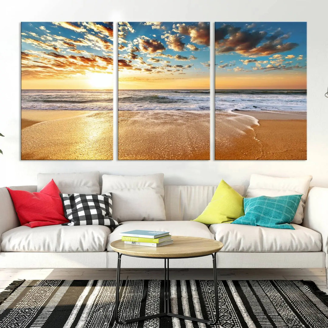 The "Soothing Sunset on Calm Beach" artwork comes on museum-quality canvas featuring a gallery-wrapped finish and UV-protective coating.