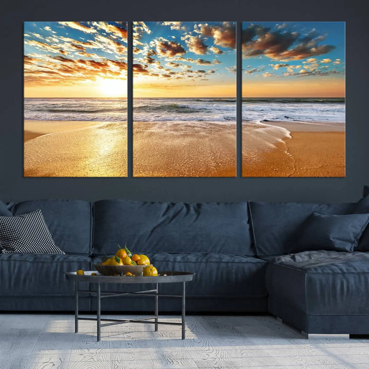 The "Soothing Sunset on Calm Beach" artwork comes on museum-quality canvas featuring a gallery-wrapped finish and UV-protective coating.