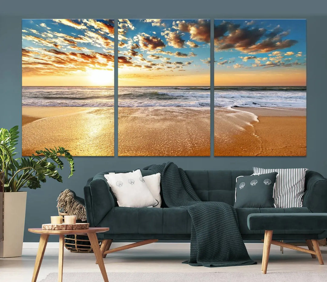 The "Soothing Sunset on Calm Beach" artwork comes on museum-quality canvas featuring a gallery-wrapped finish and UV-protective coating.