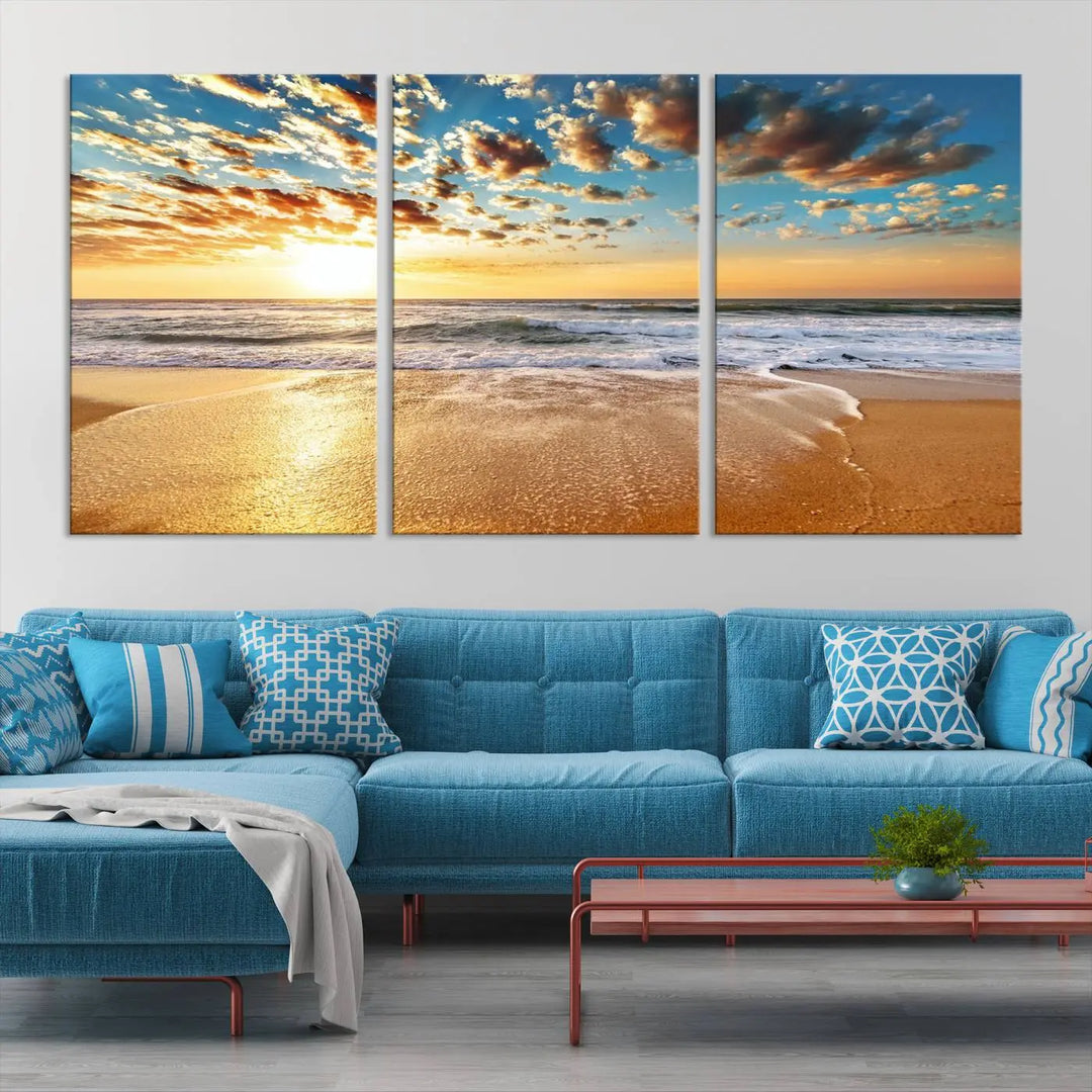 The "Soothing Sunset on Calm Beach" artwork comes on museum-quality canvas featuring a gallery-wrapped finish and UV-protective coating.