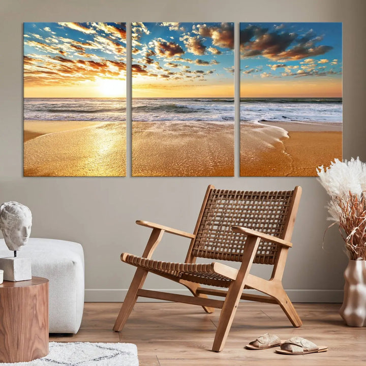 The "Soothing Sunset on Calm Beach" artwork comes on museum-quality canvas featuring a gallery-wrapped finish and UV-protective coating.