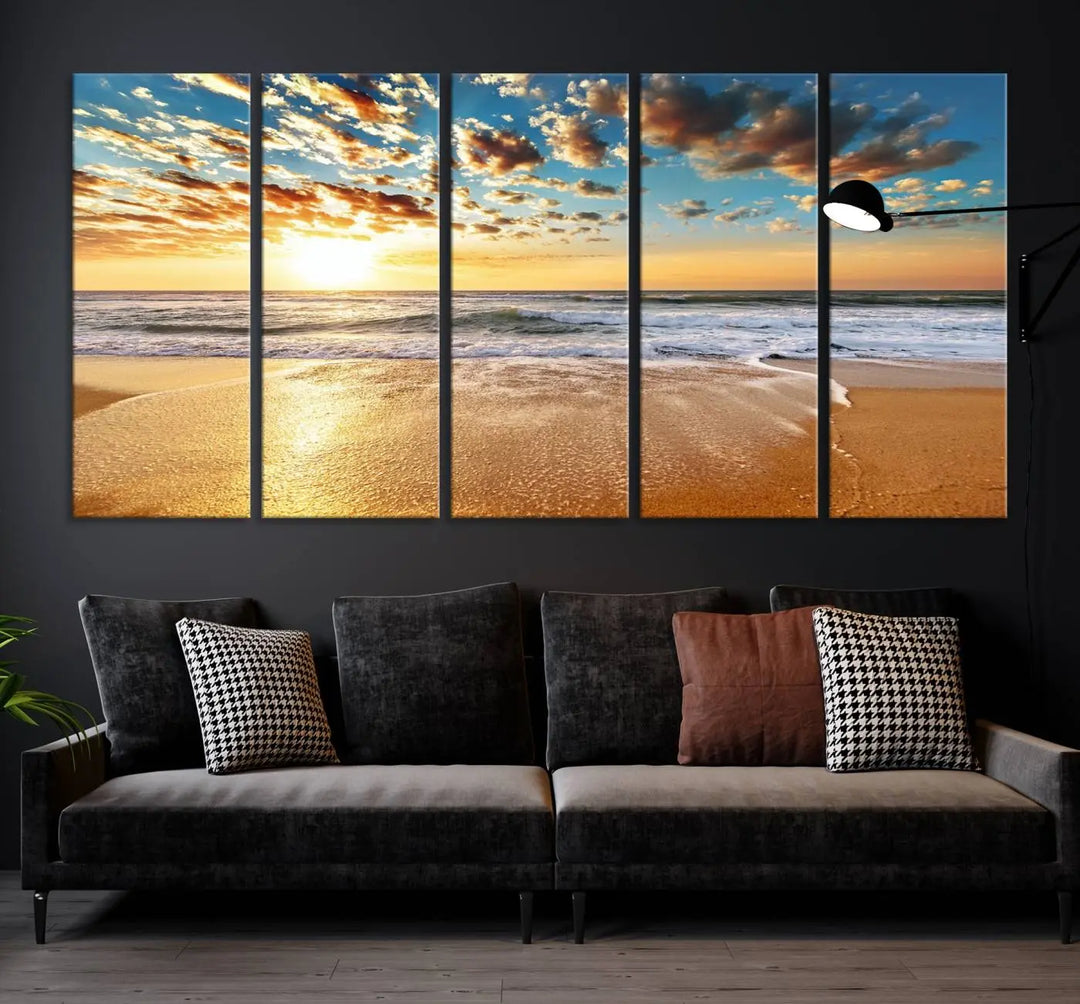 The "Soothing Sunset on Calm Beach" artwork comes on museum-quality canvas featuring a gallery-wrapped finish and UV-protective coating.