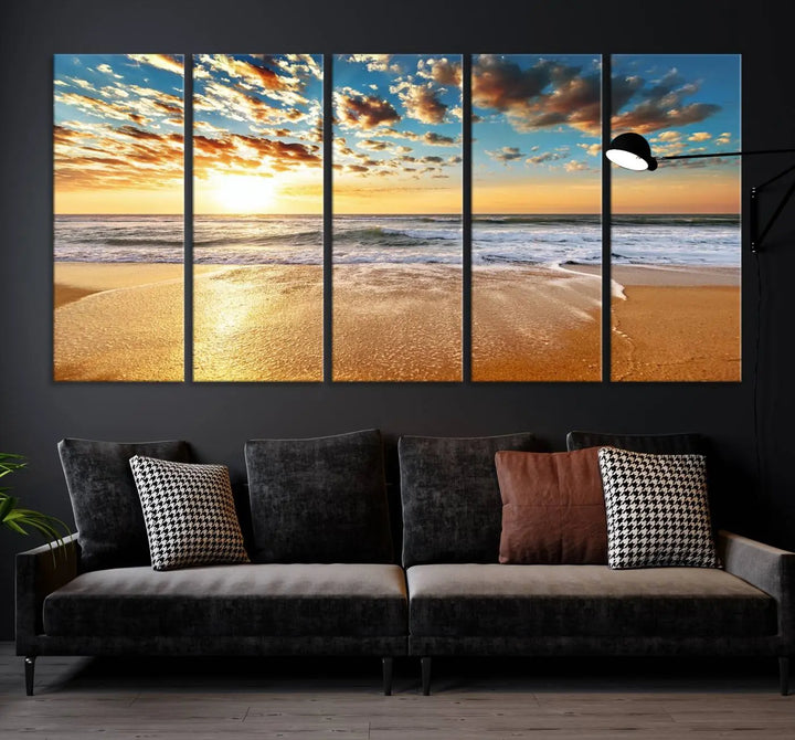 The "Soothing Sunset on Calm Beach" artwork comes on museum-quality canvas featuring a gallery-wrapped finish and UV-protective coating.