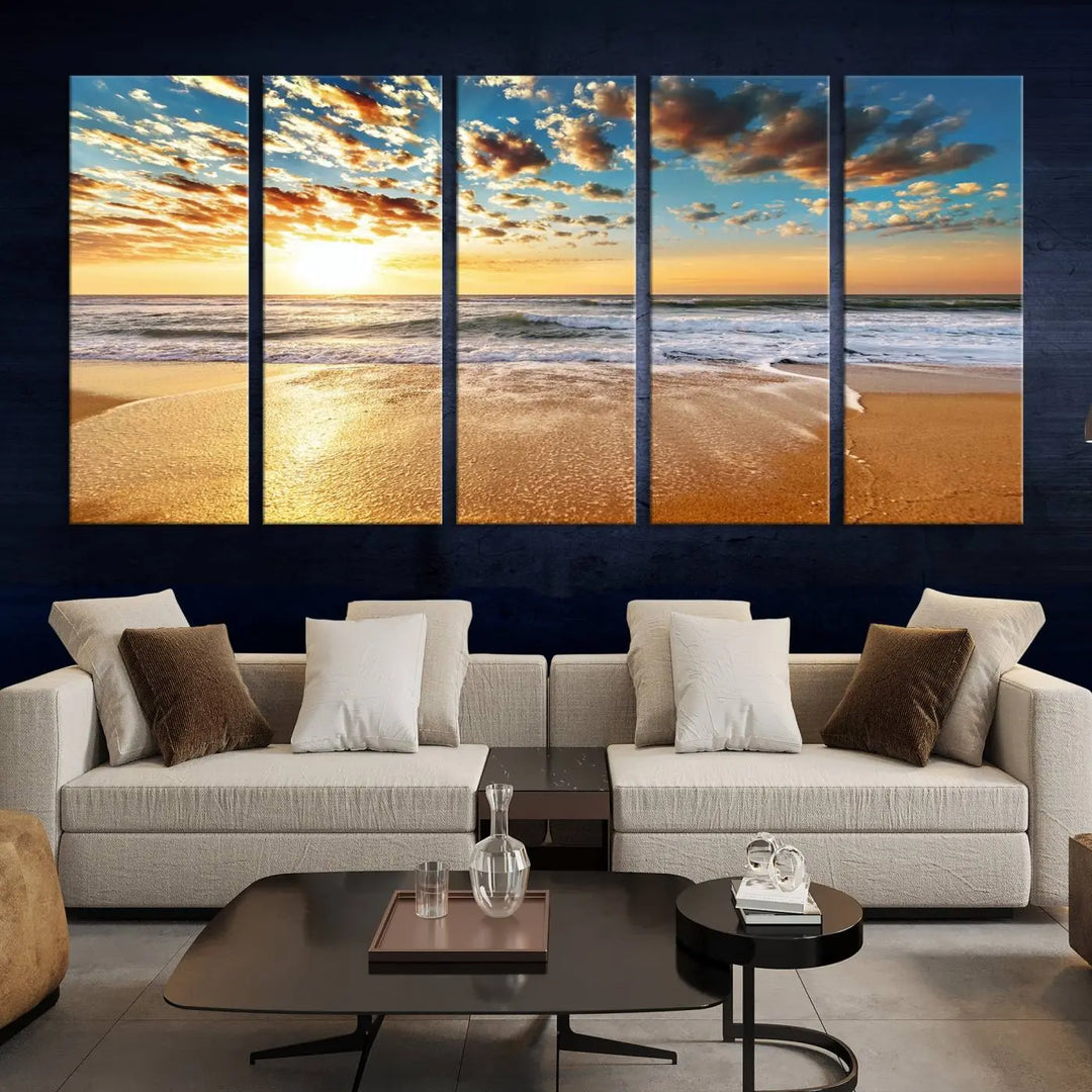 The "Soothing Sunset on Calm Beach" artwork comes on museum-quality canvas featuring a gallery-wrapped finish and UV-protective coating.