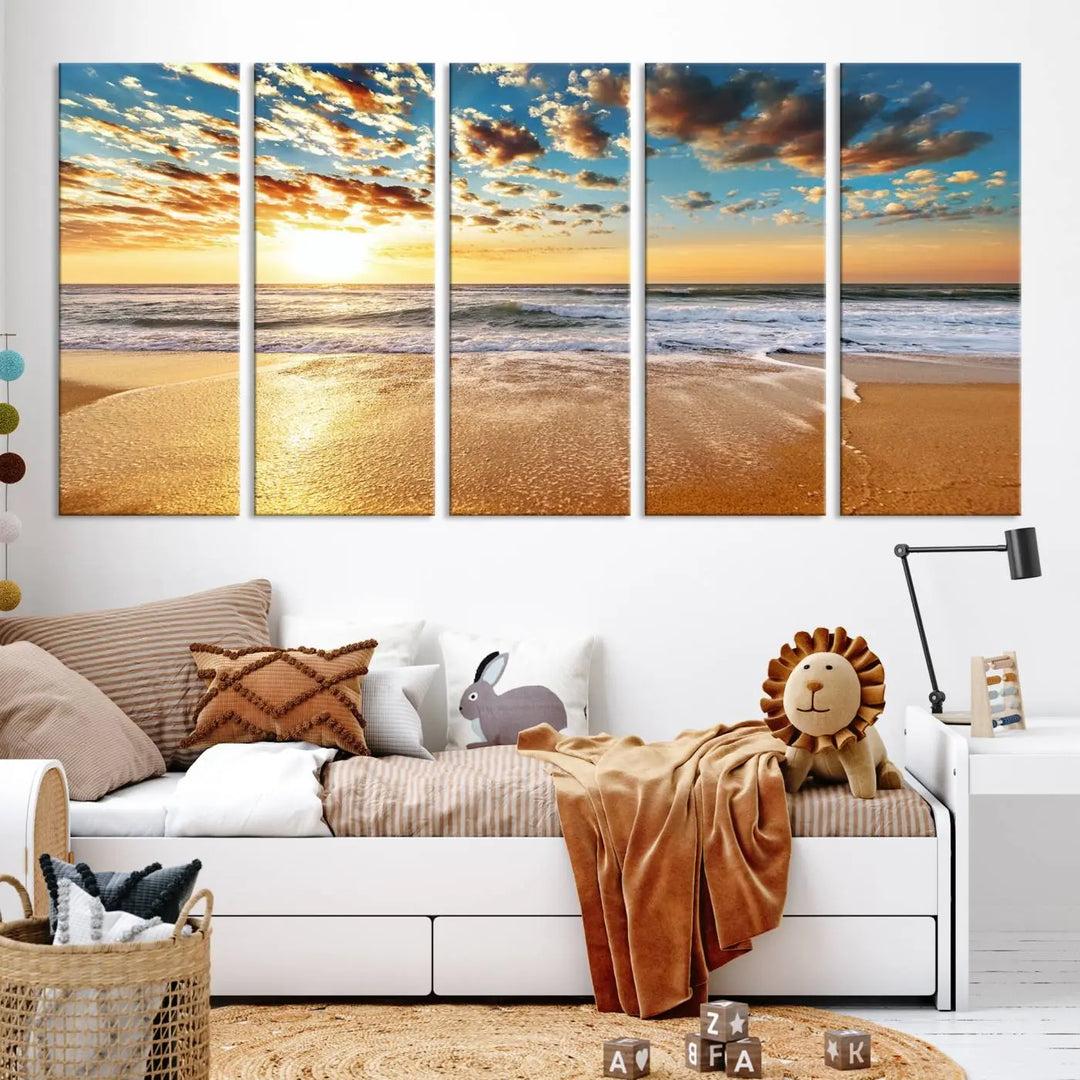 The "Soothing Sunset on Calm Beach" artwork comes on museum-quality canvas featuring a gallery-wrapped finish and UV-protective coating.