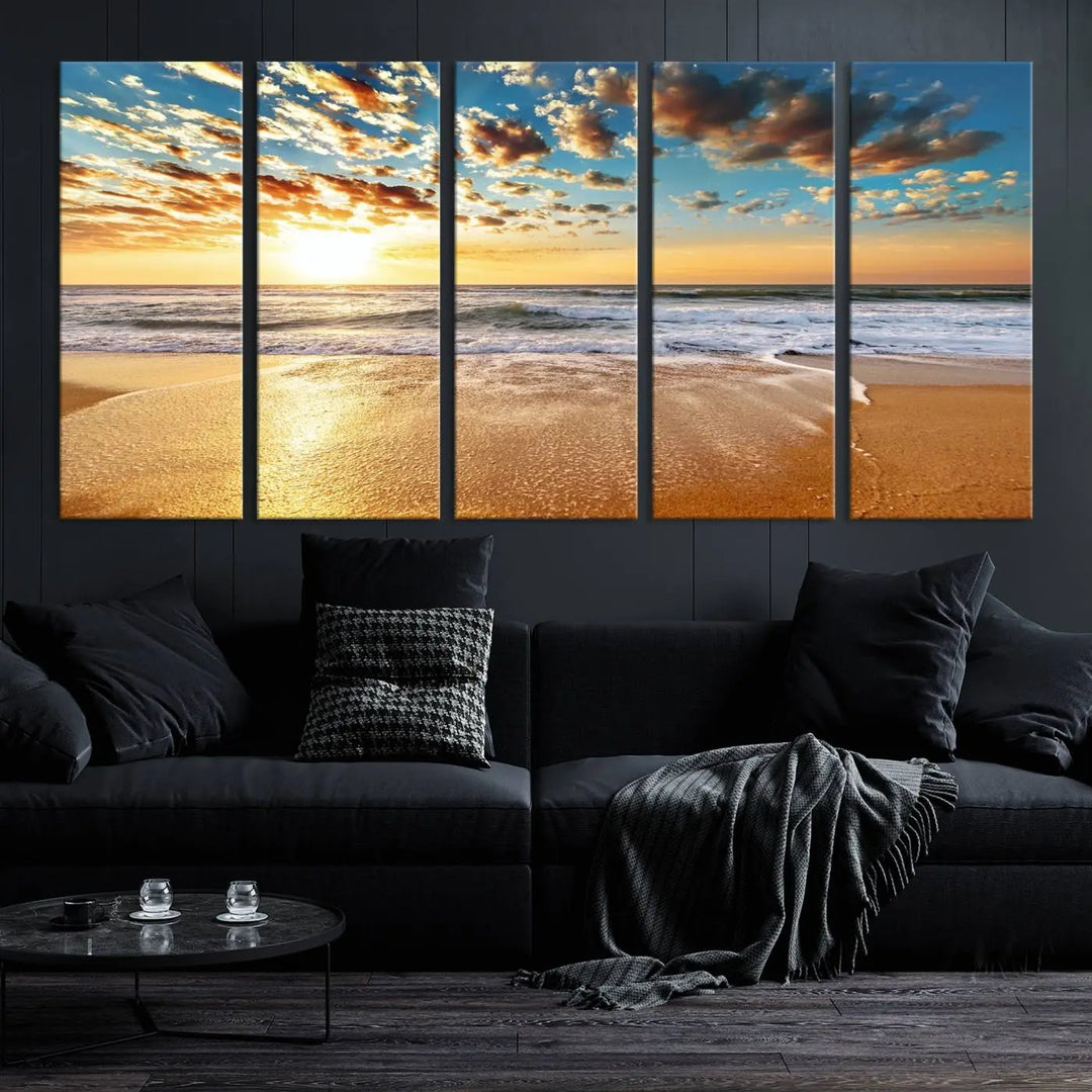 The "Soothing Sunset on Calm Beach" artwork comes on museum-quality canvas featuring a gallery-wrapped finish and UV-protective coating.