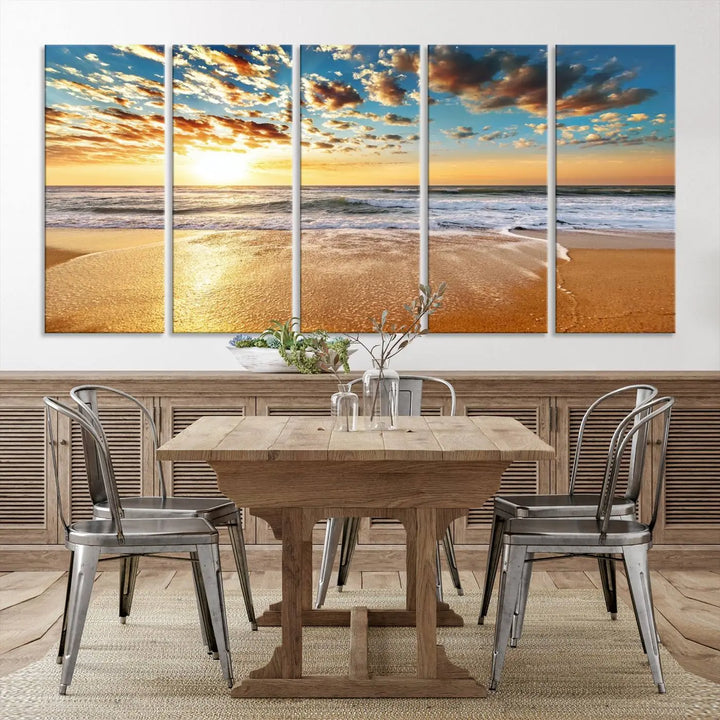 The "Soothing Sunset on Calm Beach" artwork comes on museum-quality canvas featuring a gallery-wrapped finish and UV-protective coating.