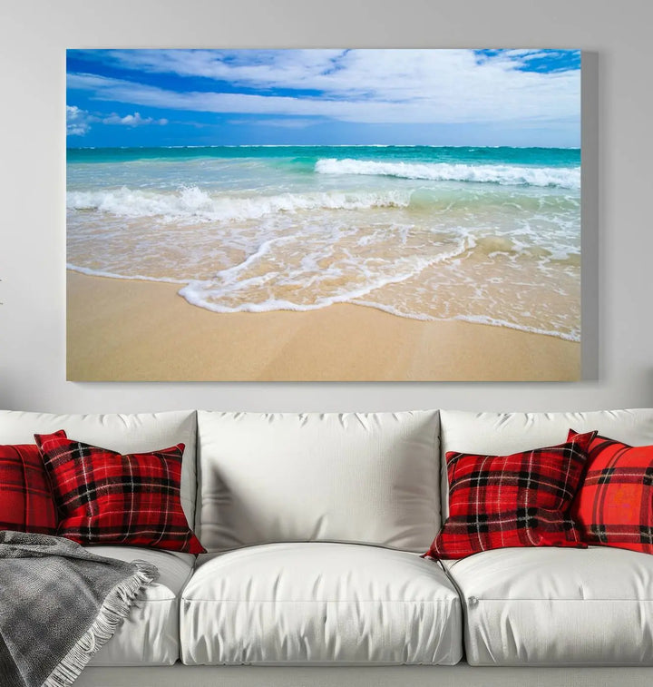 The "Soothing Tropical Beach Wall Art Canvas Print Coastal Ocean" set, showcasing a serene beach scene with waves on museum-quality canvas featuring a UV-protective coating, brings an elegant touch of tranquility to your living space. This ready-to-hang artwork looks stunning and promises a soothing aesthetic.