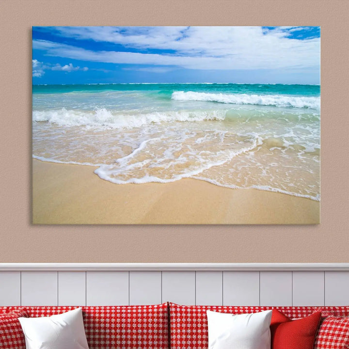 The "Soothing Tropical Beach Wall Art Canvas Print Coastal Ocean" set, showcasing a serene beach scene with waves on museum-quality canvas featuring a UV-protective coating, brings an elegant touch of tranquility to your living space. This ready-to-hang artwork looks stunning and promises a soothing aesthetic.