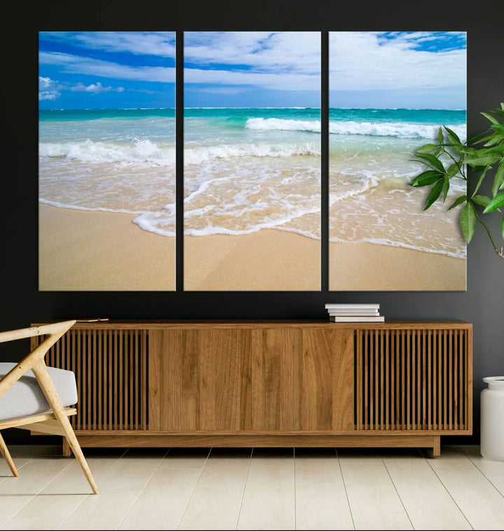 The "Soothing Tropical Beach Wall Art Canvas Print Coastal Ocean" set, showcasing a serene beach scene with waves on museum-quality canvas featuring a UV-protective coating, brings an elegant touch of tranquility to your living space. This ready-to-hang artwork looks stunning and promises a soothing aesthetic.