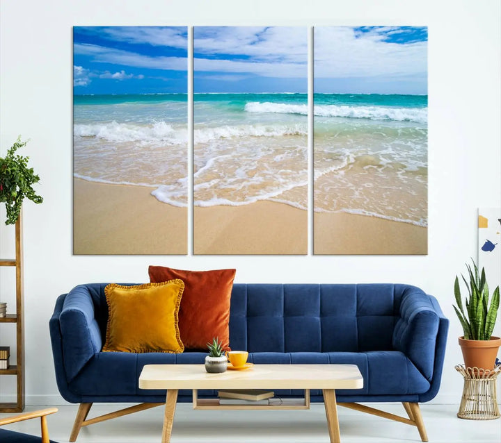 The "Soothing Tropical Beach Wall Art Canvas Print Coastal Ocean" set, showcasing a serene beach scene with waves on museum-quality canvas featuring a UV-protective coating, brings an elegant touch of tranquility to your living space. This ready-to-hang artwork looks stunning and promises a soothing aesthetic.