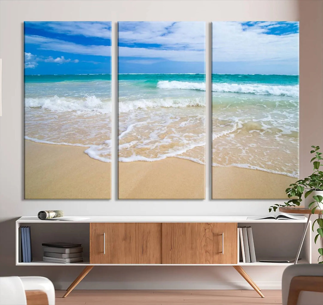 The "Soothing Tropical Beach Wall Art Canvas Print Coastal Ocean" set, showcasing a serene beach scene with waves on museum-quality canvas featuring a UV-protective coating, brings an elegant touch of tranquility to your living space. This ready-to-hang artwork looks stunning and promises a soothing aesthetic.