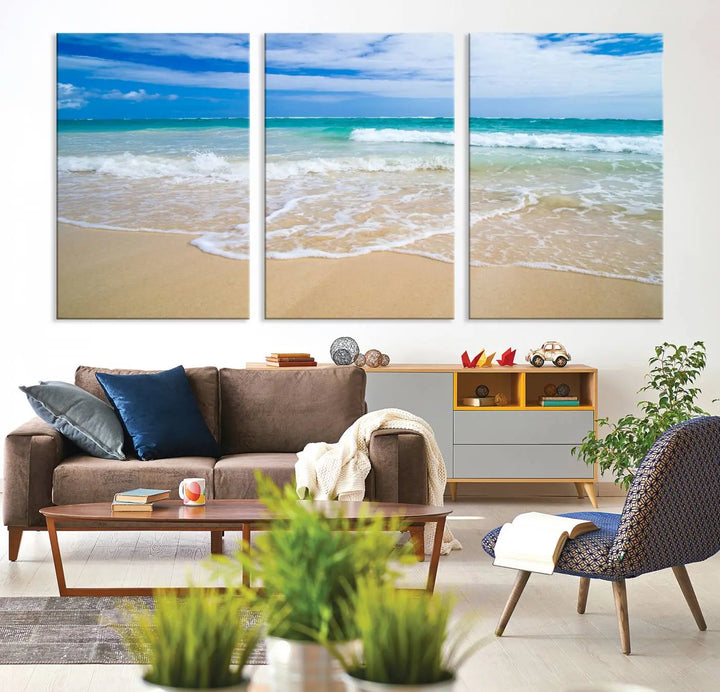 The "Soothing Tropical Beach Wall Art Canvas Print Coastal Ocean" set, showcasing a serene beach scene with waves on museum-quality canvas featuring a UV-protective coating, brings an elegant touch of tranquility to your living space. This ready-to-hang artwork looks stunning and promises a soothing aesthetic.