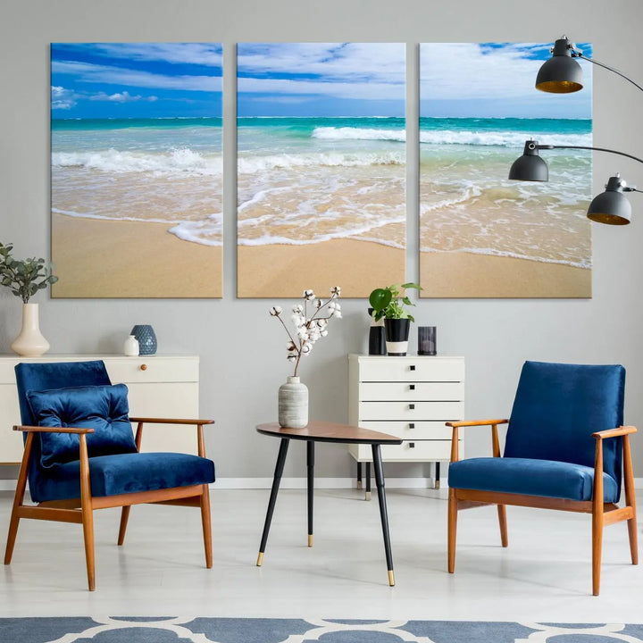 The "Soothing Tropical Beach Wall Art Canvas Print Coastal Ocean" set, showcasing a serene beach scene with waves on museum-quality canvas featuring a UV-protective coating, brings an elegant touch of tranquility to your living space. This ready-to-hang artwork looks stunning and promises a soothing aesthetic.