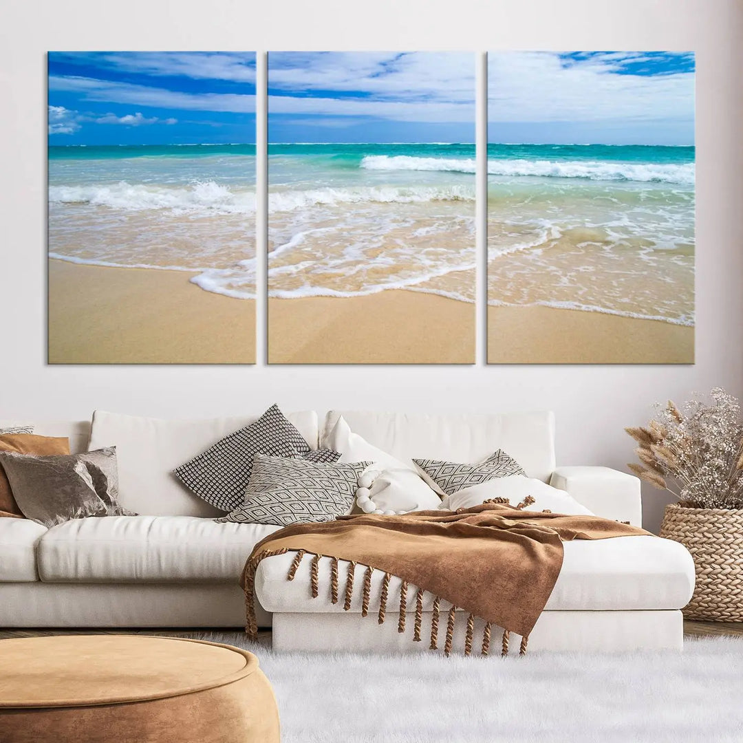 The "Soothing Tropical Beach Wall Art Canvas Print Coastal Ocean" set, showcasing a serene beach scene with waves on museum-quality canvas featuring a UV-protective coating, brings an elegant touch of tranquility to your living space. This ready-to-hang artwork looks stunning and promises a soothing aesthetic.