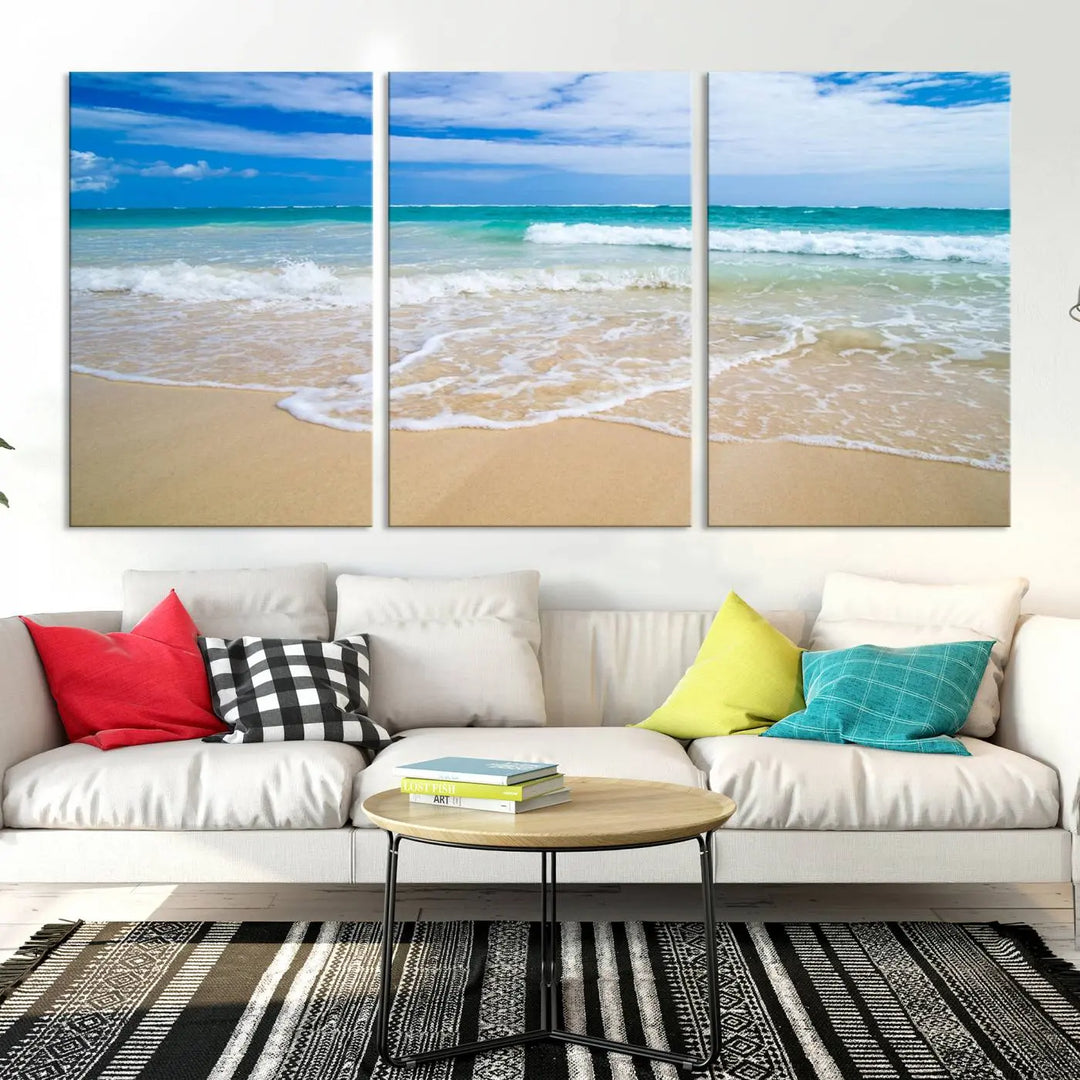 The "Soothing Tropical Beach Wall Art Canvas Print Coastal Ocean" set, showcasing a serene beach scene with waves on museum-quality canvas featuring a UV-protective coating, brings an elegant touch of tranquility to your living space. This ready-to-hang artwork looks stunning and promises a soothing aesthetic.