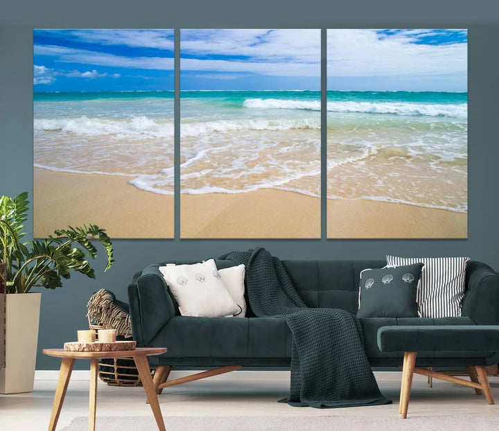 The "Soothing Tropical Beach Wall Art Canvas Print Coastal Ocean" set, showcasing a serene beach scene with waves on museum-quality canvas featuring a UV-protective coating, brings an elegant touch of tranquility to your living space. This ready-to-hang artwork looks stunning and promises a soothing aesthetic.