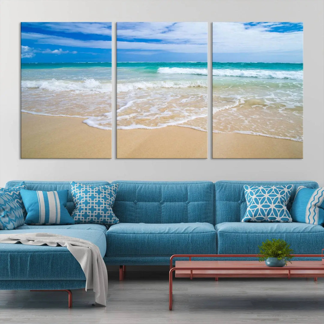 The "Soothing Tropical Beach Wall Art Canvas Print Coastal Ocean" set, showcasing a serene beach scene with waves on museum-quality canvas featuring a UV-protective coating, brings an elegant touch of tranquility to your living space. This ready-to-hang artwork looks stunning and promises a soothing aesthetic.