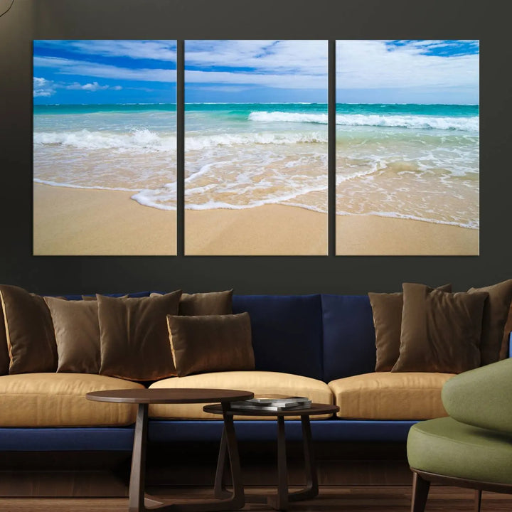 The "Soothing Tropical Beach Wall Art Canvas Print Coastal Ocean" set, showcasing a serene beach scene with waves on museum-quality canvas featuring a UV-protective coating, brings an elegant touch of tranquility to your living space. This ready-to-hang artwork looks stunning and promises a soothing aesthetic.