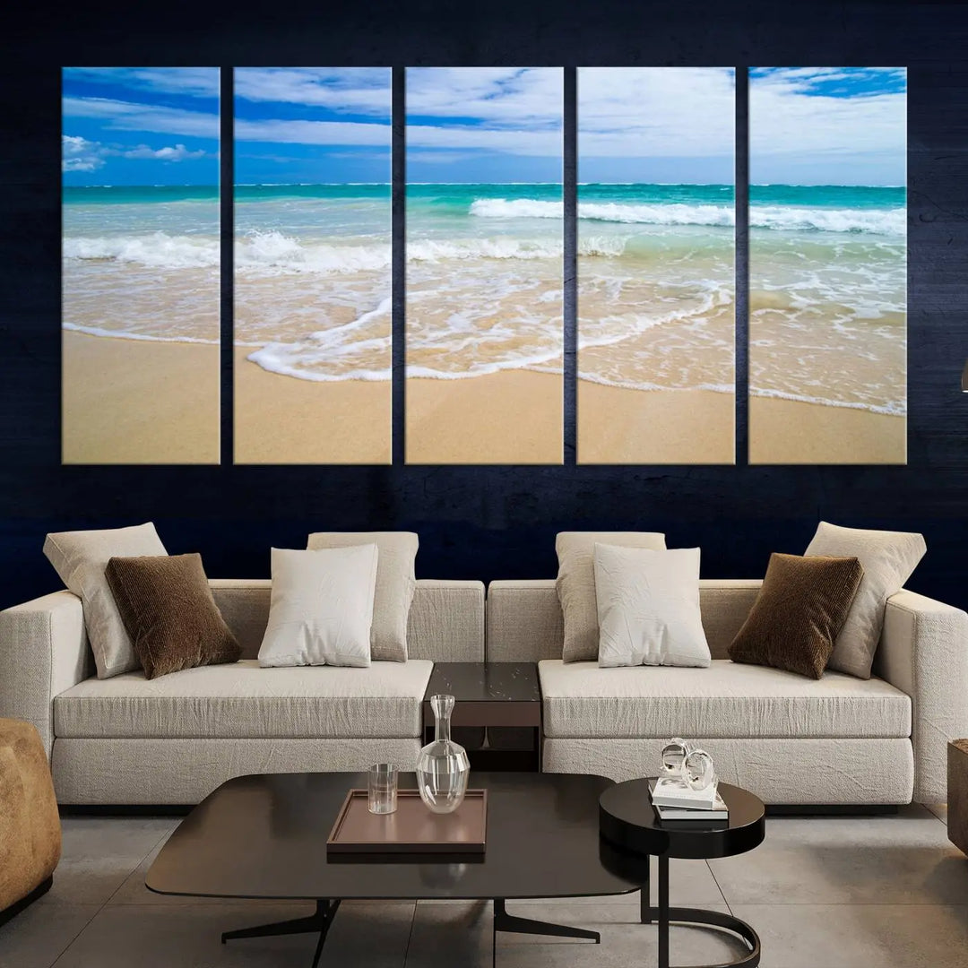 The "Soothing Tropical Beach Wall Art Canvas Print Coastal Ocean" set, showcasing a serene beach scene with waves on museum-quality canvas featuring a UV-protective coating, brings an elegant touch of tranquility to your living space. This ready-to-hang artwork looks stunning and promises a soothing aesthetic.