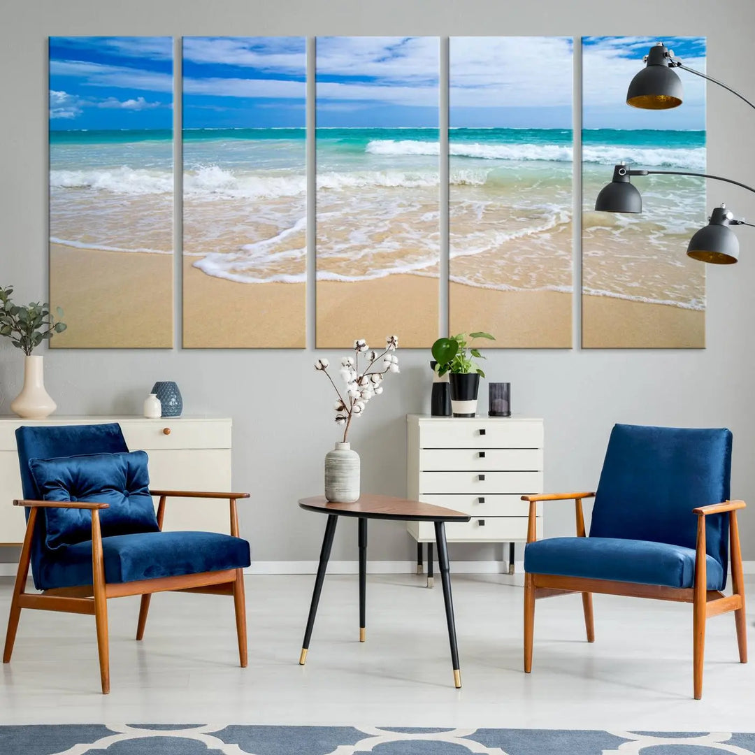 The "Soothing Tropical Beach Wall Art Canvas Print Coastal Ocean" set, showcasing a serene beach scene with waves on museum-quality canvas featuring a UV-protective coating, brings an elegant touch of tranquility to your living space. This ready-to-hang artwork looks stunning and promises a soothing aesthetic.