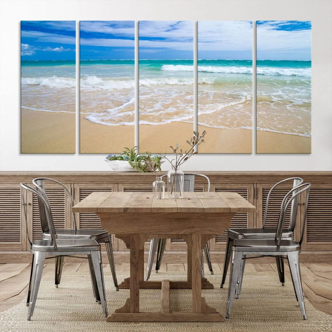 The "Soothing Tropical Beach Wall Art Canvas Print Coastal Ocean" set, showcasing a serene beach scene with waves on museum-quality canvas featuring a UV-protective coating, brings an elegant touch of tranquility to your living space. This ready-to-hang artwork looks stunning and promises a soothing aesthetic.