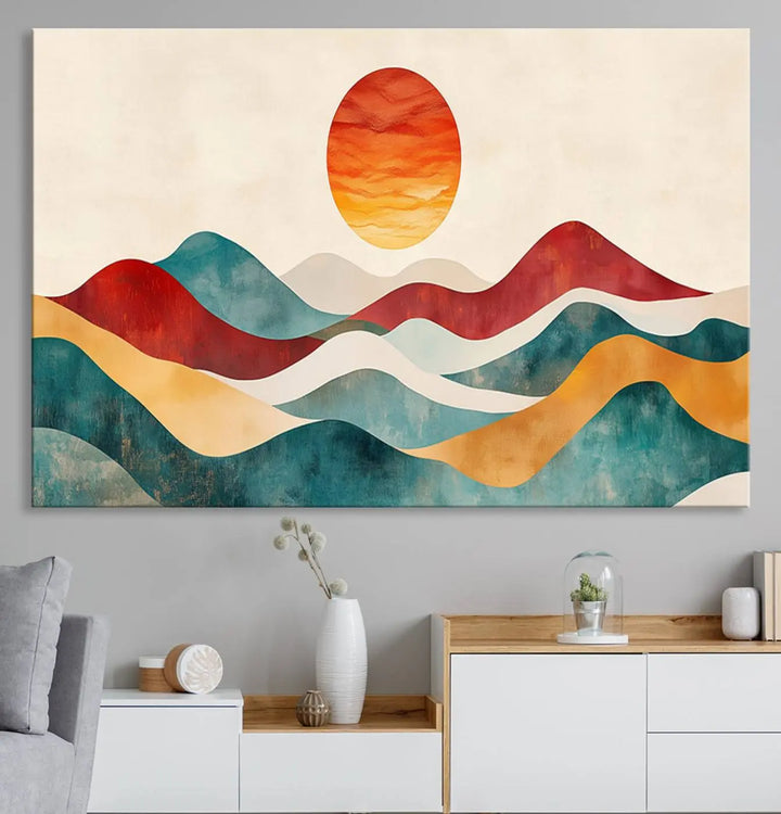 The Southwest Mountain Canvas Triptych hangs prominently.