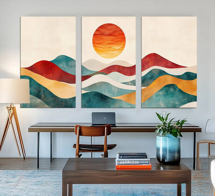 The Southwest Mountain Canvas Triptych hangs prominently.