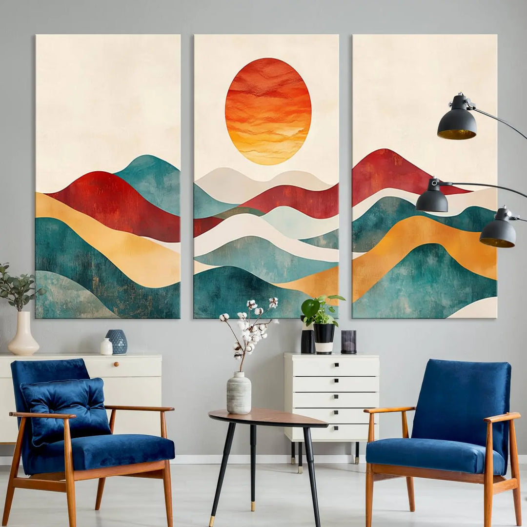 The Southwest Mountain Canvas Triptych hangs prominently.