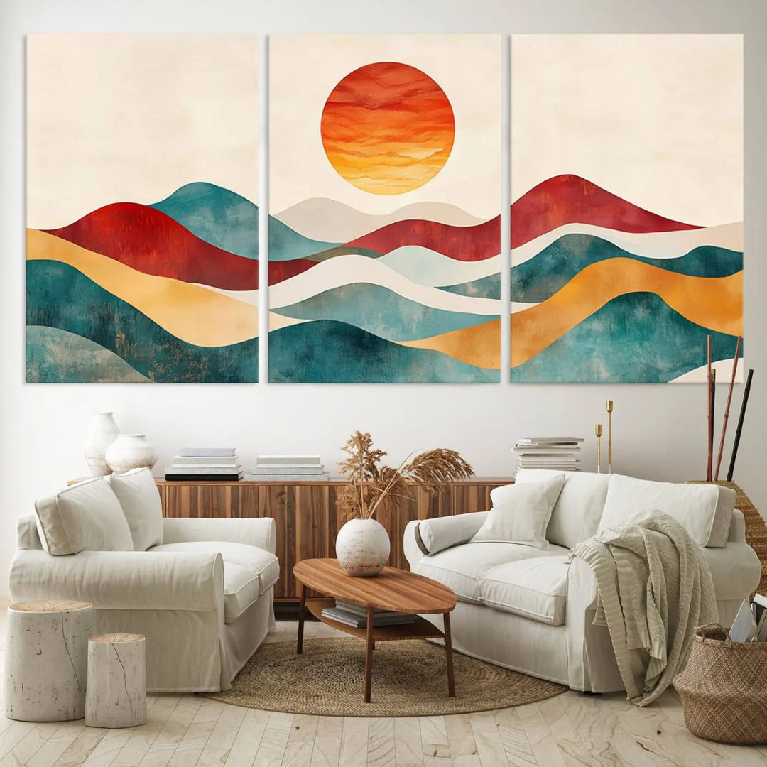 The Southwest Mountain Canvas Triptych hangs prominently.