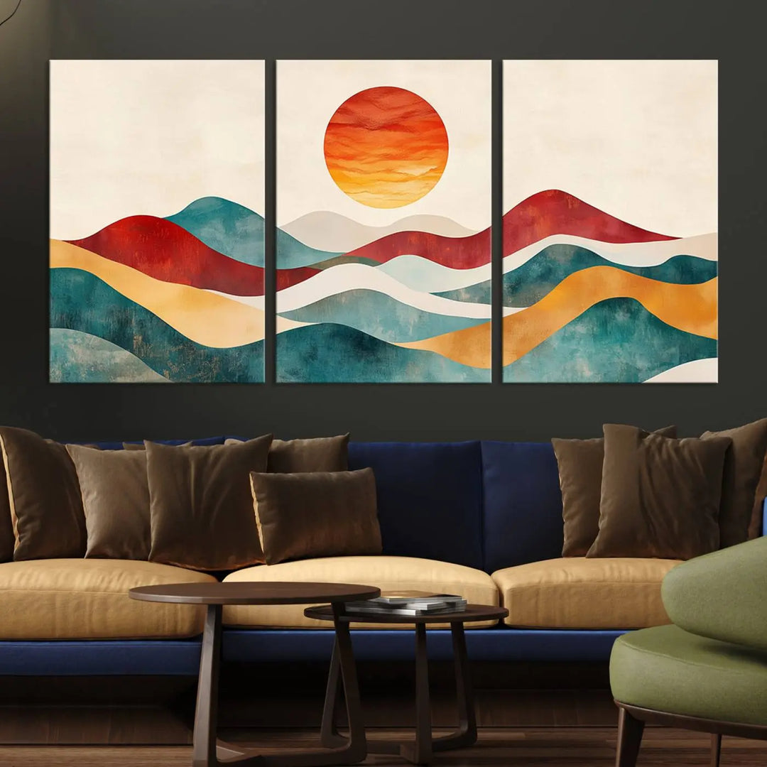 The Southwest Mountain Canvas Triptych hangs prominently.