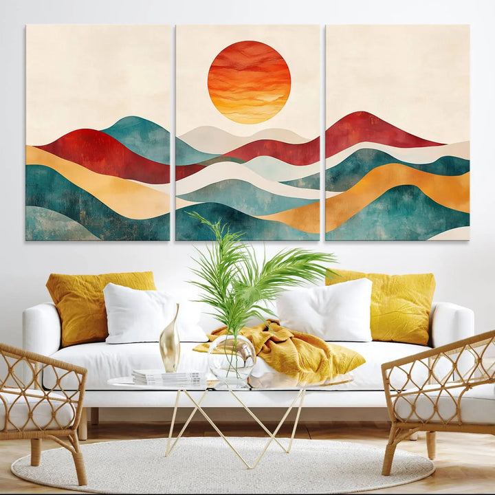 The Southwest Mountain Canvas Triptych hangs prominently.