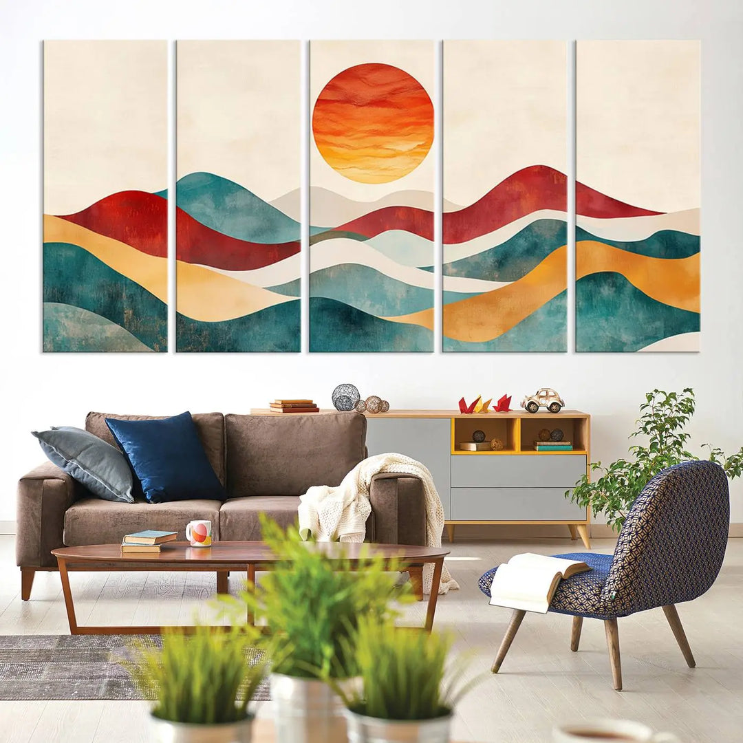 The Southwest Mountain Canvas Triptych hangs prominently.