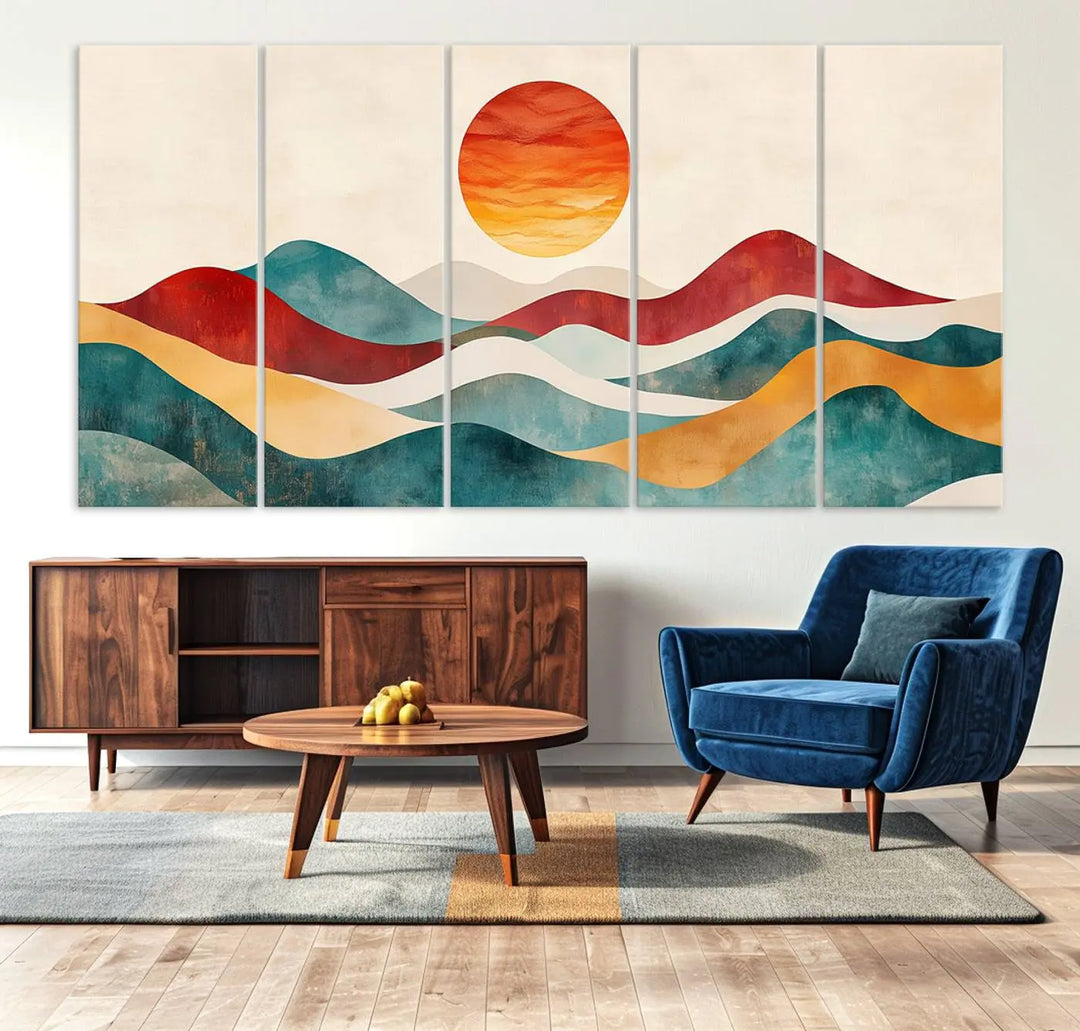 The Southwest Mountain Canvas Triptych hangs prominently.