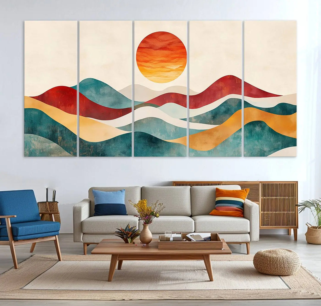 The Southwest Mountain Canvas Triptych hangs prominently.