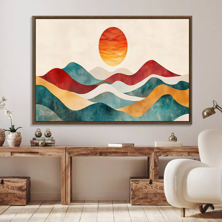 The Southwest Mountain Canvas Triptych hangs prominently.