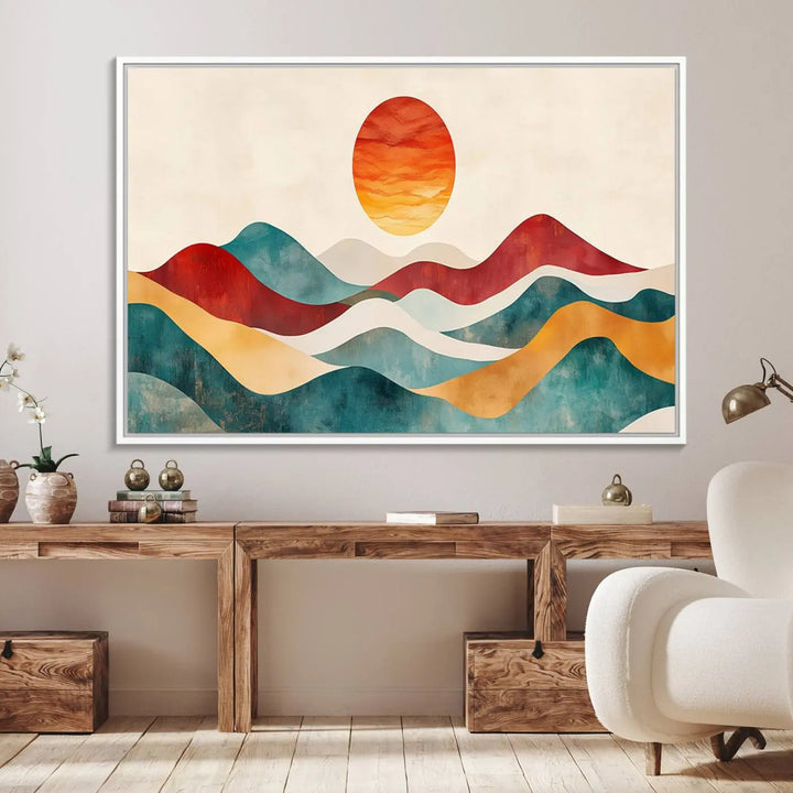 The Southwest Mountain Canvas Triptych hangs prominently.