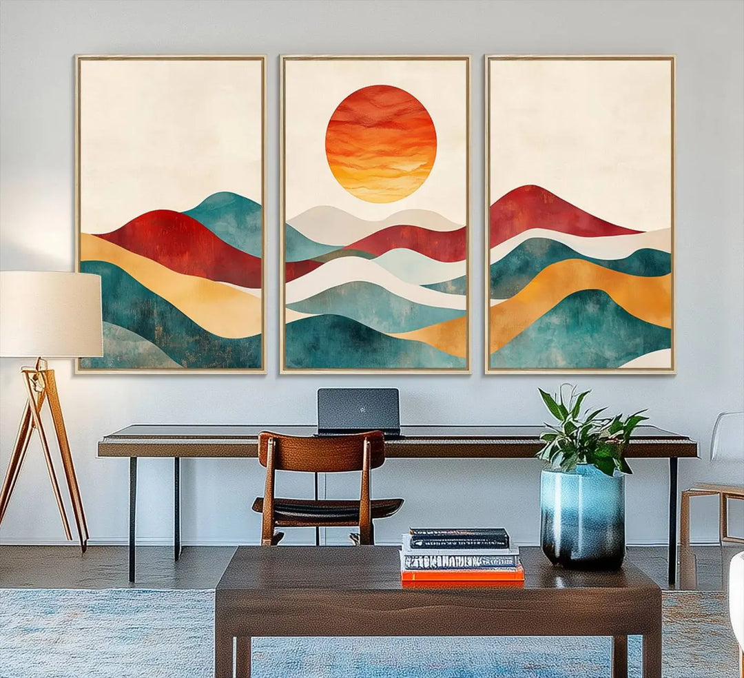 The Southwest Mountain Canvas Triptych hangs prominently.