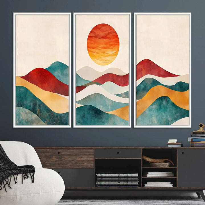 The Southwest Mountain Canvas Triptych hangs prominently.