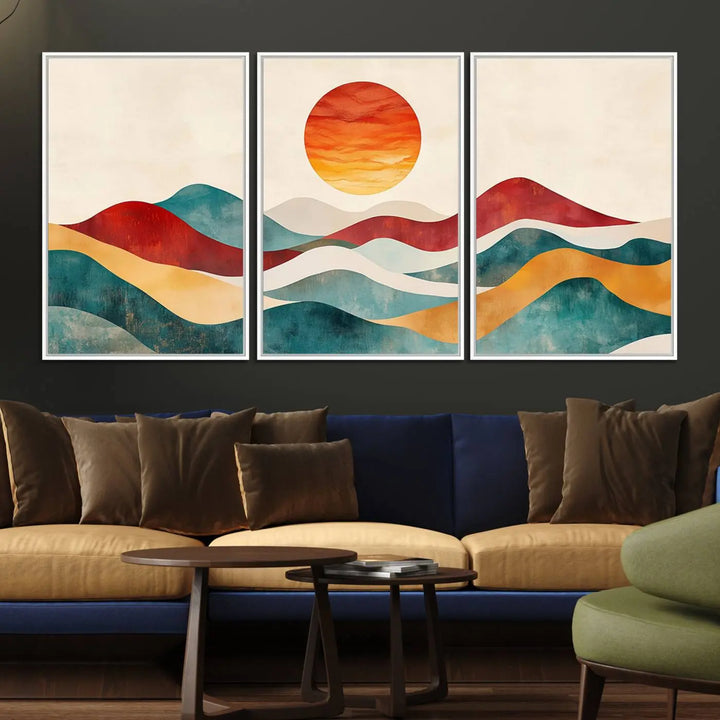 The Southwest Mountain Canvas Triptych hangs prominently.