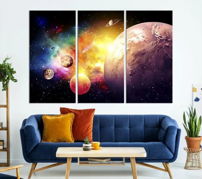 A vibrant Space and Galaxy Canvas Print on museum-quality canvas hangs prominently, showcasing its cosmic design.