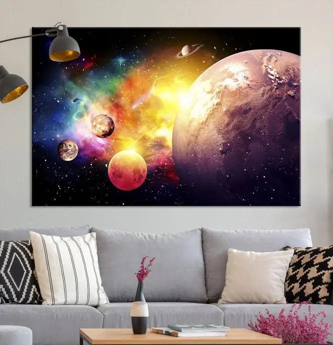 A vibrant Space and Galaxy Canvas Print on museum-quality canvas hangs prominently, showcasing its cosmic design.